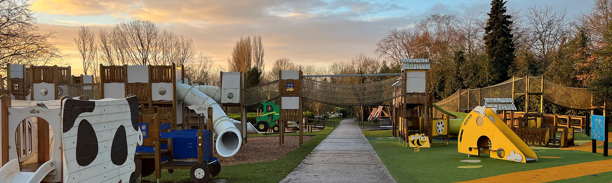 play park at sacrewell with slides, climbing frame, swing, sandpit, trampoline and more.