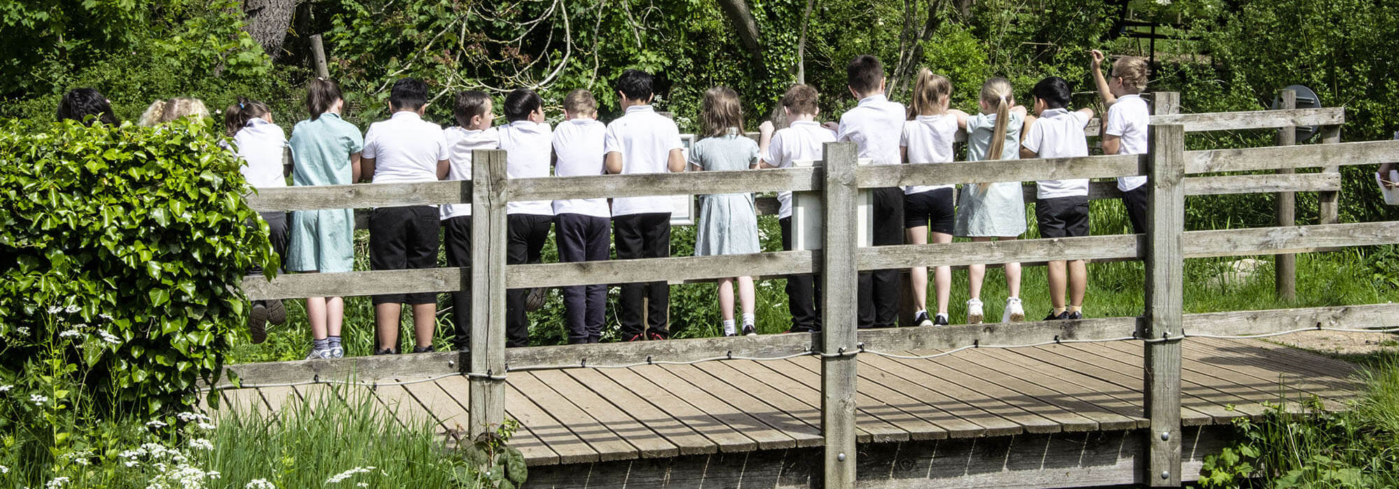 school pupils on pooh sticks bridge at sacrewell.